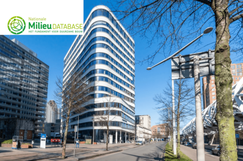 Kantoorgebouw en logo Milieudatabase in Den-Haag